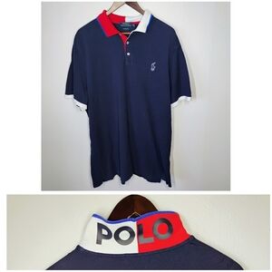 Polo Ralph Lauren Spellout Colorblock Polo Mens XL Navy Blue Classic Fit Pony